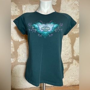 Turquoise Harley-Davidson Top with Purple and Turquoise Wing Design.